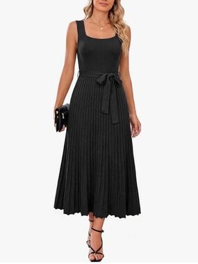 Arach&Cloz Women's Wool Blend Square Neck Tie Waist Pleated Summer Sweater Dress